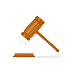 Gavel judge isolated on a colored background. Wooden gavel law concept. Flat cartoon style. Vector illustration.