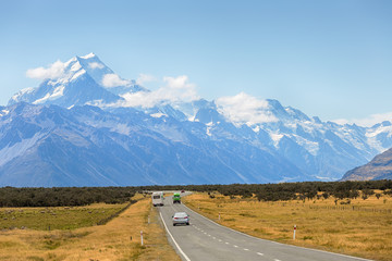 View of Road leading to Aoraki Mount Cook National Park at South Island New Zealand, Summertime