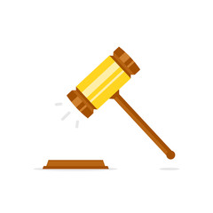 Gavel judge isolated on a colored background. Wooden gavel law concept. Flat cartoon style. Vector illustration.