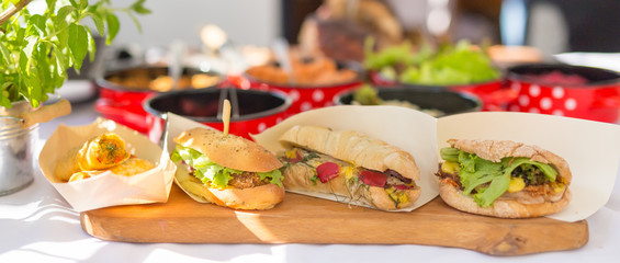 Varieties of home made sandwiches beeing sold outdoor on street stall on Open kitchen international...