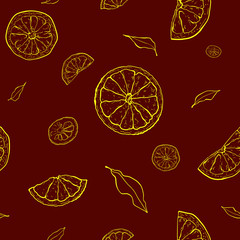 Ink sketch oranges on a brown background. Citrus fruit background. Oranges seamless pattern. Elements for menu, greeting cards, wrapping paper, cosmetics packaging, posters.