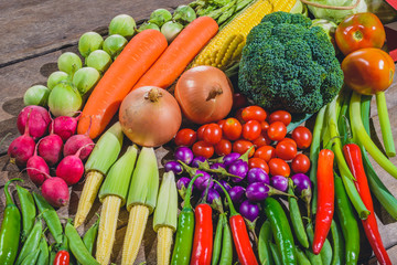 Background of fresh food tasty and healthy varis vegetables are on the wooden table