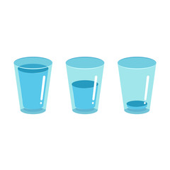 Glasses set for water. Glasses: full, empty, half-filled with water. Vector illustration.