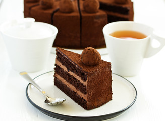 Chocolate cake. A slice of chocolate cake. Selective focus