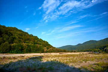 Obraz premium View of a wide valley among the mountains. Grass grows among stones. Forest on the mountains around. Early morning by the mountain river.