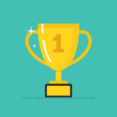 Golden winner cup. Trophy cup. Flat cartoon icon. Vector illustration.