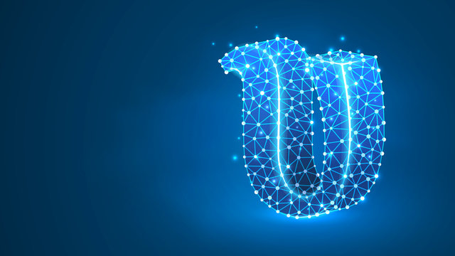Upsilon, the letter of a Greek alphabet. Greek numerals, mathematical four hundred number concept. Abstract, digital, wireframe, low poly mesh, Raster blue neon 3d illustration. Triangle, line dot