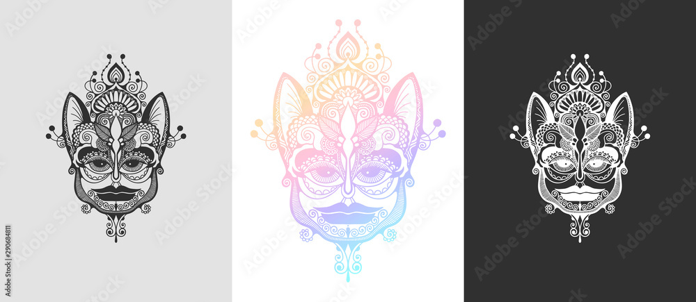 Wall mural original tribal ornamental tattoo design of cute cat face