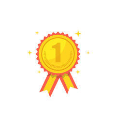 Medal icon. Sport and champion element. First place medal with red ribbon. Flat cartoon style. Vector illustration.