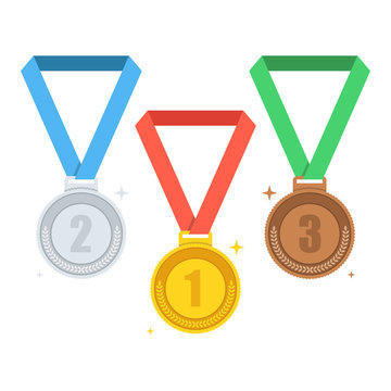 Gold, silver, bronze medal for first place. Trophy, award for winner isolated on white background. Achievement, victory concept. Flat cartoon style. Vector illustration.