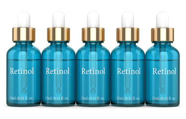 3d render of retinol bottles with dropper over white