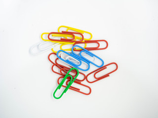 Colorful PaperClip,Cluster isolated on white background,Texture,Close up,Material Office,Business,Rad,Yellow,White,Green,Blue