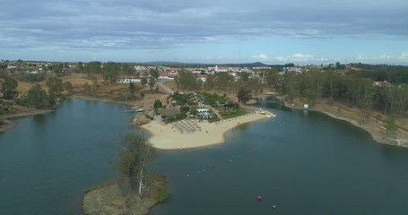 Aerial view of Mina de São Domingos, Tapada Grande River Beach lagoon, famous tourist destination, Alentejo, Portugal.
