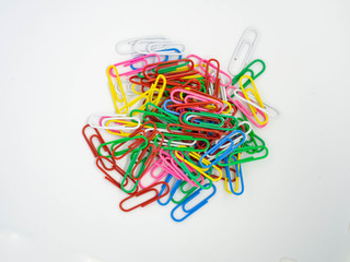 Colorful PaperClip,Cluster isolated on white background,Texture,Close up,Material Office,Business,Rad,Yellow,White,Green,Blue