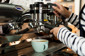 Young owner or pretty barista making coffee at the coffee shop.