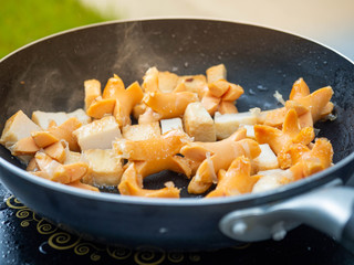 Fried Sausage and Fish Balls,Snack free time,Pan,Eat to Health,Food material,oil,Smoke