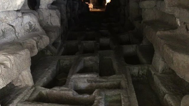 Panoramic view of some ancient buildings in Cava d'Ispica, in Sicily, Italy.