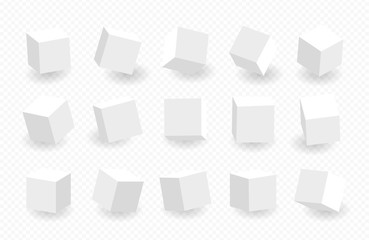Fototapeta na wymiar White 3D cube pack isolated on transparent background. Multiple cubes. Different light, perspective and angle. Vector illustration