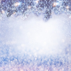Border winter nature christmas background, frozen spruce, glitter lights, bokeh, snow. View through the frost pine branch. Happy new year frame. Text space. Elements of this Image Furnished by NASA.