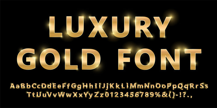 Shiny modern gold font isolated on black background. Vintage golden numbers and letters with shadows. Detailed 3d alphabet. Typography yellow gold bold mockup. Anniversary letters. Vector