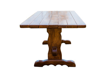 Wooden table on white background. Side view. In isolation.