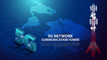 5G worldwide network technology communication antenna tower for wireless hi-speed internet with circuit board is background. LTE aerial network connection, fastest internet technology in future