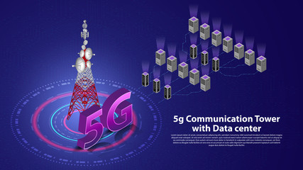 5g Communication Tower Wireless Hi-speed Internet with Data center with circuit board is background. LTE aerial network connection, fastest internet in future