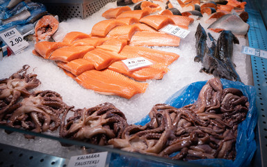  RIGA, LATVIA - JUNE 27, 2019: Fish in the central market. The market was made from a former hangar...