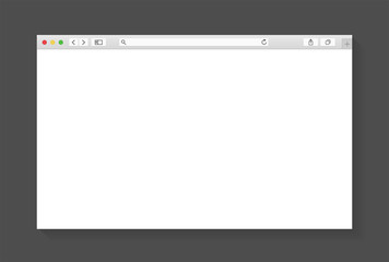 Modern browser window design isolated on dark grey background. Web window screen mockup. Internet empty page concept with shadow. Vector illustration