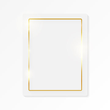 Gold shiny glowing vintage frame on whte plate isolated on white background. Golden luxury realistic border. Wedding, mothers or Valentines day concept. Xmas and New Year paper abstract. Vector