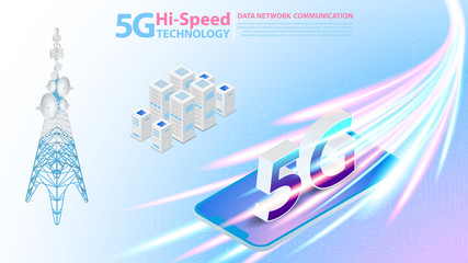 5g Hi-speed Technology Data Network Communication Wireless Internet with circuit board is background. LTE aerial network connection, fastest internet in future