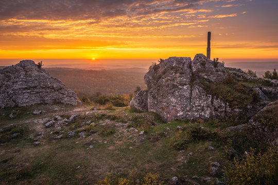 Sunrise from mount Zborow - Rocky hill in the Jura Krakowsko-Czestochowska, Silesia, Poland