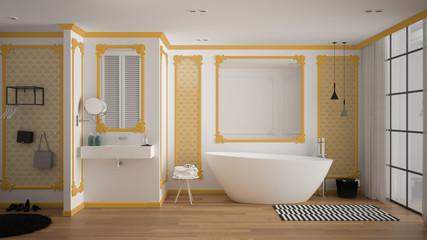 Modern white and yellow bathroom in classic room, wall moldings, parquet floor, bathtub with carpet and accessories, minimalist sink and decors, pendant lamps. Interior design concept