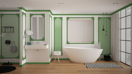 Fototapeta na wymiar Modern white and green bathroom in classic room, wall moldings, parquet floor, bathtub with carpet and accessories, minimalist sink and decors, pendant lamps. Interior design concept