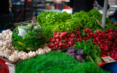 Vegetables and fruits are sold on the Riga market. Selective focus. food