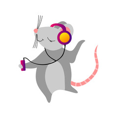 Cute cartoon mouse listening to a palyer isolated on white background. Flat vector illustration.