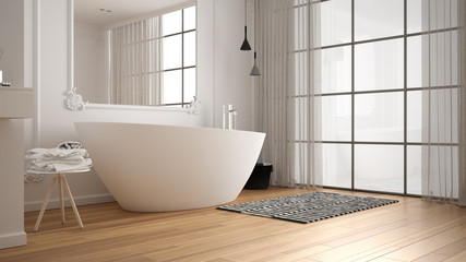 Naklejka na ściany i meble Modern white bathroom in classic room with wall moldings, parquet floor, bathtub with carpet and accessories, minimalist sink and decors, pendant lamps. Interior design concept