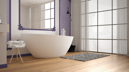 Naklejka na ściany i meble Modern white and purple bathroom in classic room, wall moldings, parquet floor, bathtub with carpet and accessories, minimalist sink and decors, pendant lamps. Interior design concept