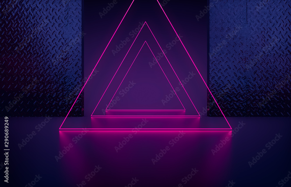 Poster Futuristic Sci-Fi Modern empty stage. Reflective concrete room with glowing triangle neon orange color. 3d render.