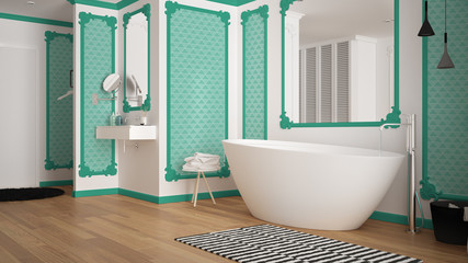 Modern white and turquoise bathroom in classic room, wall moldings, parquet, bathtub with carpet and accessories, minimalist sink and decors, pendant lamps. Interior design concept