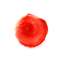Abstract circle paint stain of red color isolated on white background. Watercolor brush stroke splash on paper texture with granulation. Painted label background patch. Japanese flag