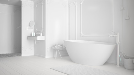 Naklejka na ściany i meble Total white project of minimalist bathroom in classic room, wall moldings, parquet floor, bathtub with carpet and accessories, sink and decors, modern architecture concept idea
