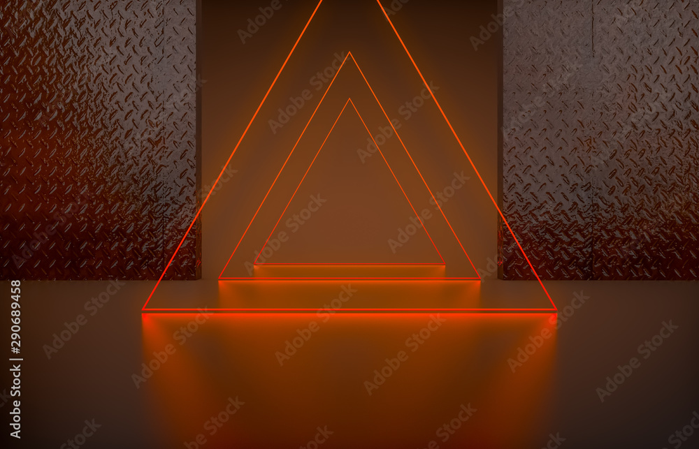 Poster futuristic sci-fi modern empty stage. reflective concrete room with glowing triangle neon orange col
