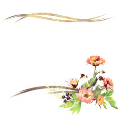 Wedding frame wreath bridal romanric rustic warm bouquet. Hand drawing watercolor pink and purple and orange flowers ornament