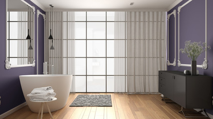 Modern white and purple bathroom in classic room, wall moldings, parquet floor, bathtub with carpet and accessories, minimalist sink and decors, pendant lamps. Interior design concept