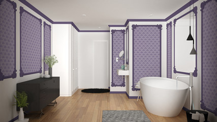 Modern white and purple bathroom in classic room, wall moldings, parquet floor, bathtub with carpet and accessories, minimalist sink and decors, pendant lamps. Interior design concept