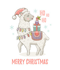 Cute Christmas alpaca llama in Santa hat. Winter lama animal for poster, greeting card, t-shirt print design. Merry Xmas New Year hand drawn vector illustration, isolated background. Doodle sketch © Olga Che