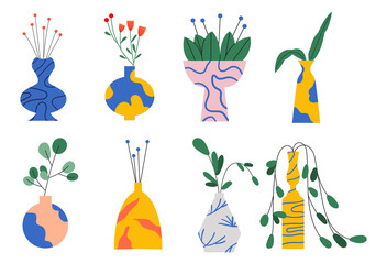 Set of different vases with flowers, Vases with geometric patterns. Flat vector illustration