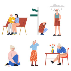 Fototapeta na wymiar Set of old people performing Alzheimer's symptoms. Old men and women having trouble planning, confusion with time and space, poor judgment, difficulty completing familiar tasks,memory loss, depression