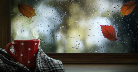 Autumn season background, red cup with hot drink and wet autumnal window